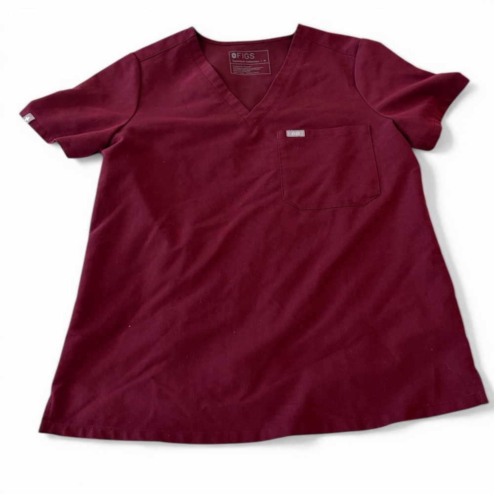 Figs Catarina Scrub Top Women Medium Burgundy One Pocket Stretch EUC